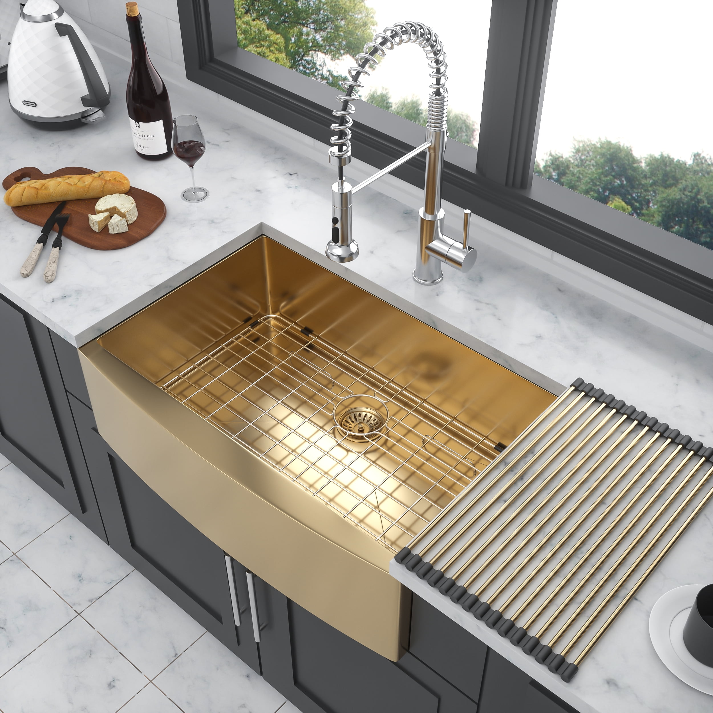 Izzovium 36 Inch Gold Farmhouse Sink - 16 Gauge Stainless Steel Apron Front Kitchen Sink with Nano-PVD Coating, Sound Proof & Easy Drain Design