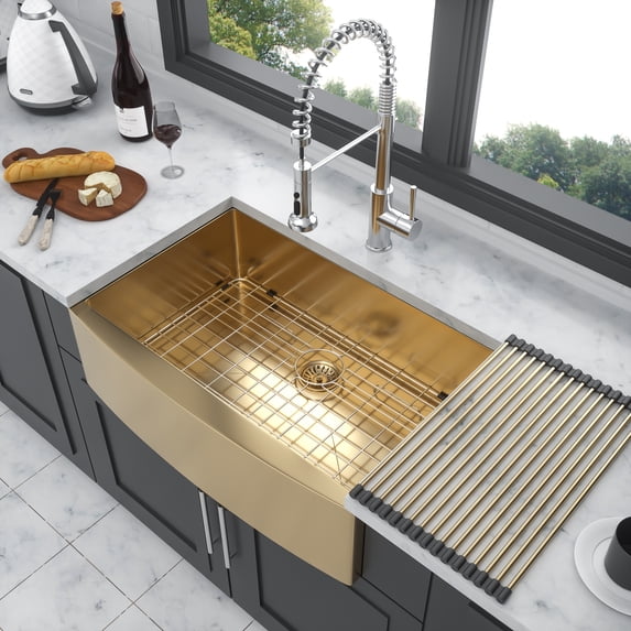 Izzovium 36 Inch Gold Farmhouse Sink - 16 Gauge Stainless Steel Apron Front Kitchen Sink with Nano-PVD Coating, Sound Proof & Easy Drain Design