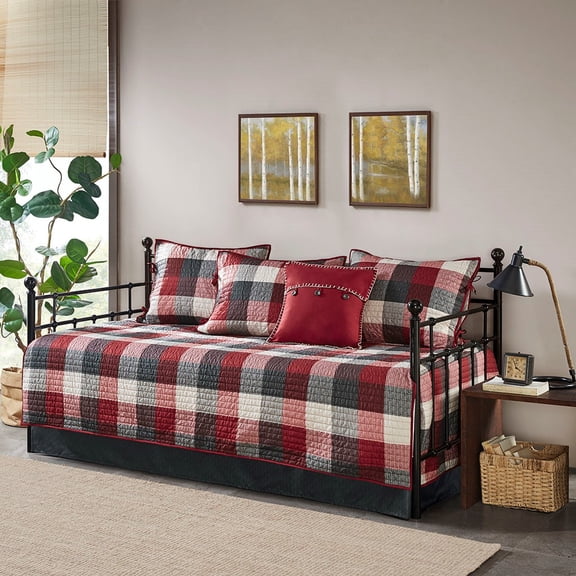 Izzovium 6-Piece Reversible Daybed Set, Twin Size Plaid Bedding Cover with Skirt, Red/Black Herringbone Pattern