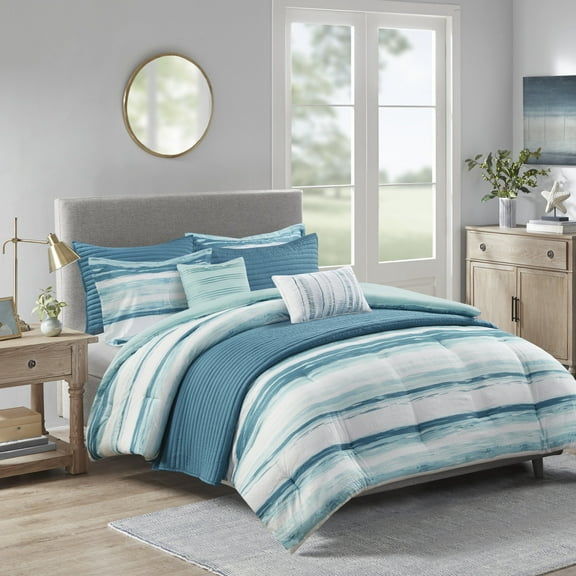 Izzovium Aqua King Size 8-Piece Bedding Set, Printed Seersucker Comforter with Quilt, Hypoallergenic Polyester Fill