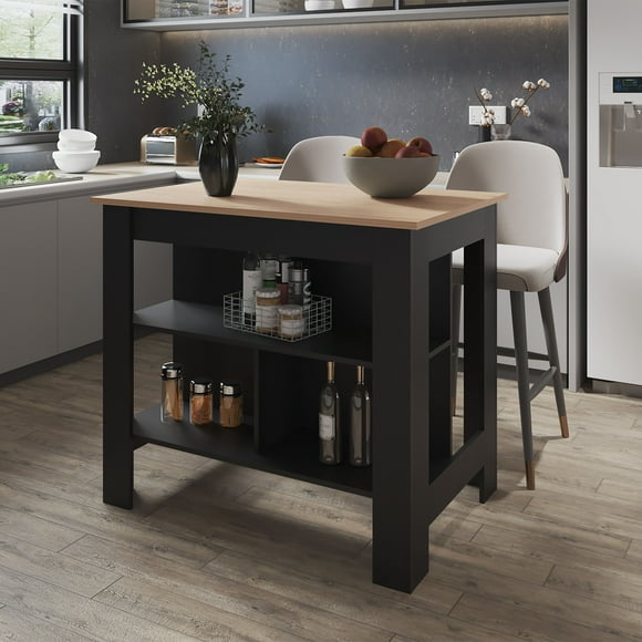 Izzovium Aztec Kitchen Island with Open Storage, 35.4" H x 40.5" W x 27.5" D, Melamine Light Pine & Black, Freestanding Kitchen Cart for Utensils & Pots