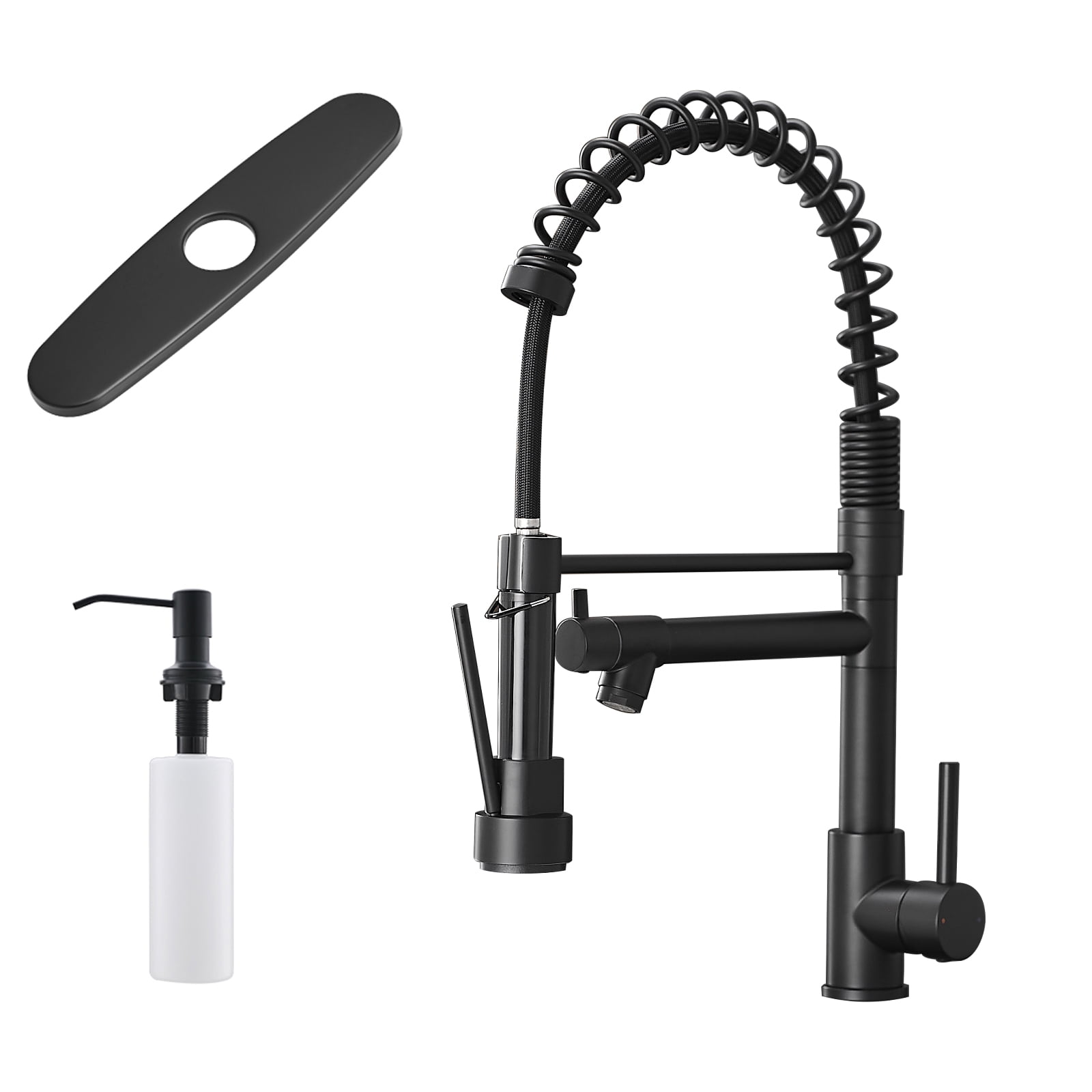 Izzovium Black Kitchen Sink Faucet with Soap Dispenser, Pull Down Sprayer 2 Modes 304 Stainless Steel Single Handle Single Hole Commercial Style Faucet with Deck Plate