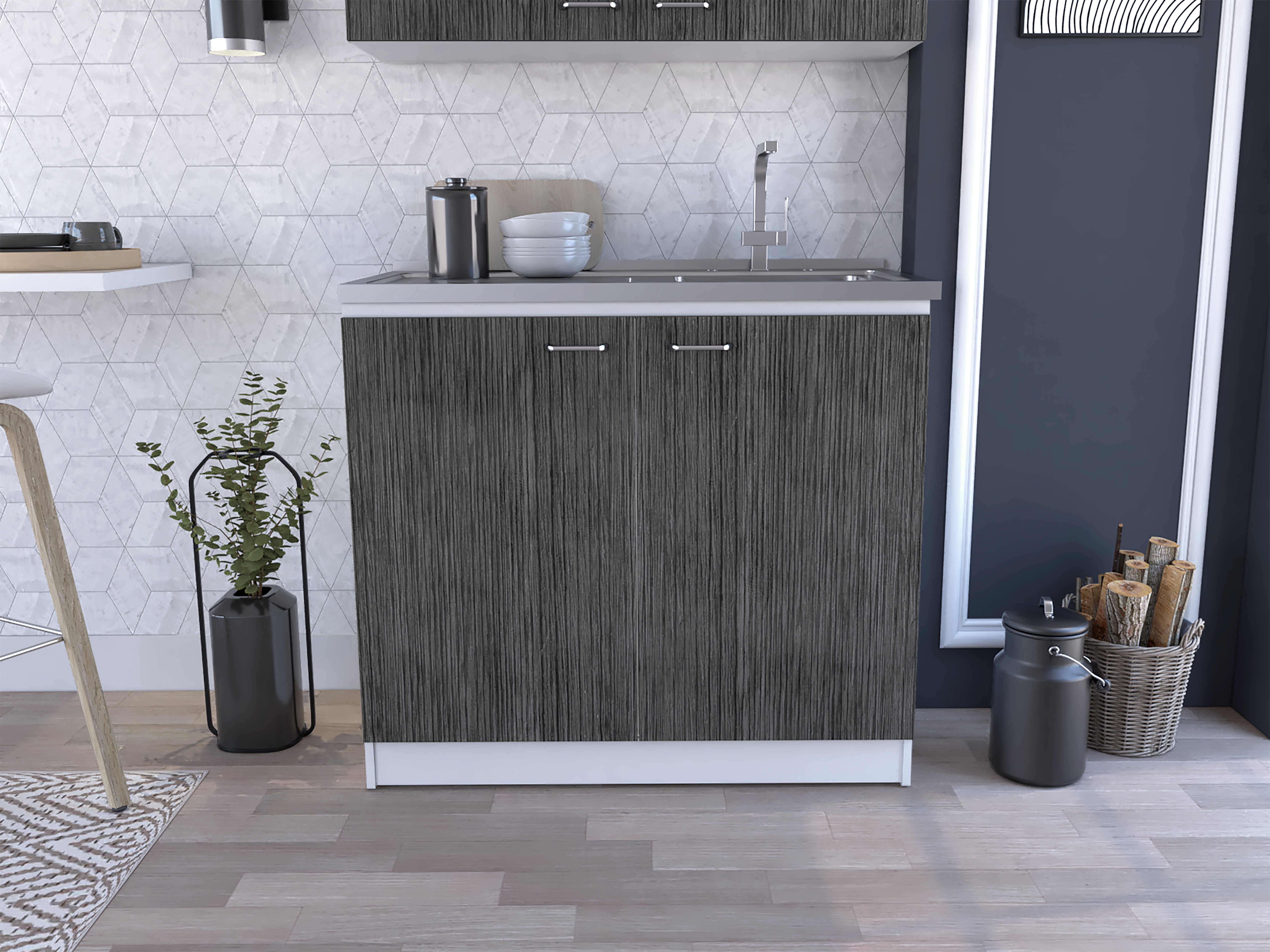 Izzovium Brookeline Rectangle 2-Door Utility Sink and Cabinet with Stainless Steel Sink, 35.4" H x 39.3" W x 20.5" D, White and Smokey Oak for Kitchen, Laundry, or Garage