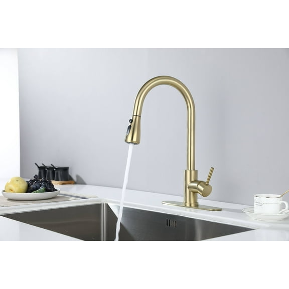 Izzovium Brushed Gold Kitchen Faucet with Pull Out Sprayer, 360° Swivel High Arc Stainless Steel Faucet, 2 Water Modes (Stream/Spray), Single Handle Design for Easy Control