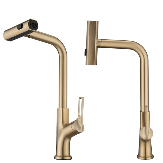Izzovium Brushed Gold Kitchen Faucet with Pull Down Sprayer, Single Handle 360° Rotating Waterfall Faucet, 3.7L/min Flow, 11.81" Spout Height, Desktop Installation