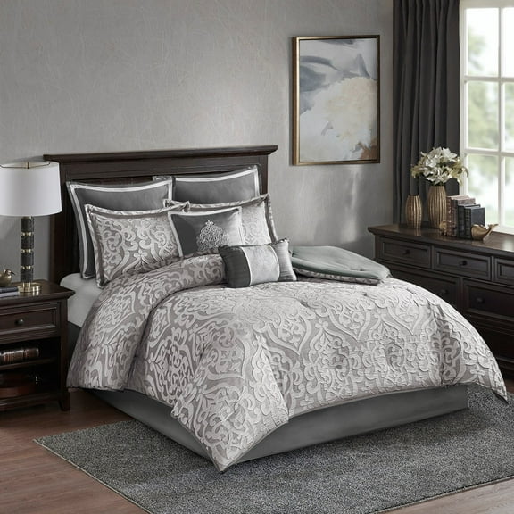 Izzovium Cal King 8-Piece Silver Jacquard Comforter Set, Embroidered Pillows, Hypoallergenic Polyester Bedding