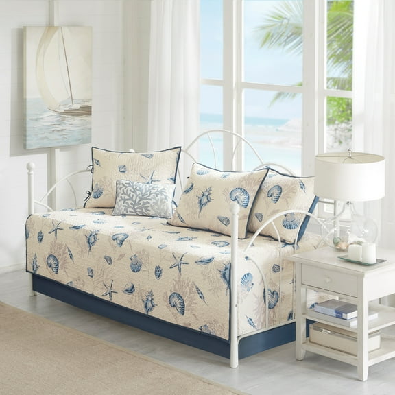 Izzovium Coastal Blue 6-Piece Reversible Daybed Cover Set, Microfiber Twin Size with 15" Drop Bedskirt