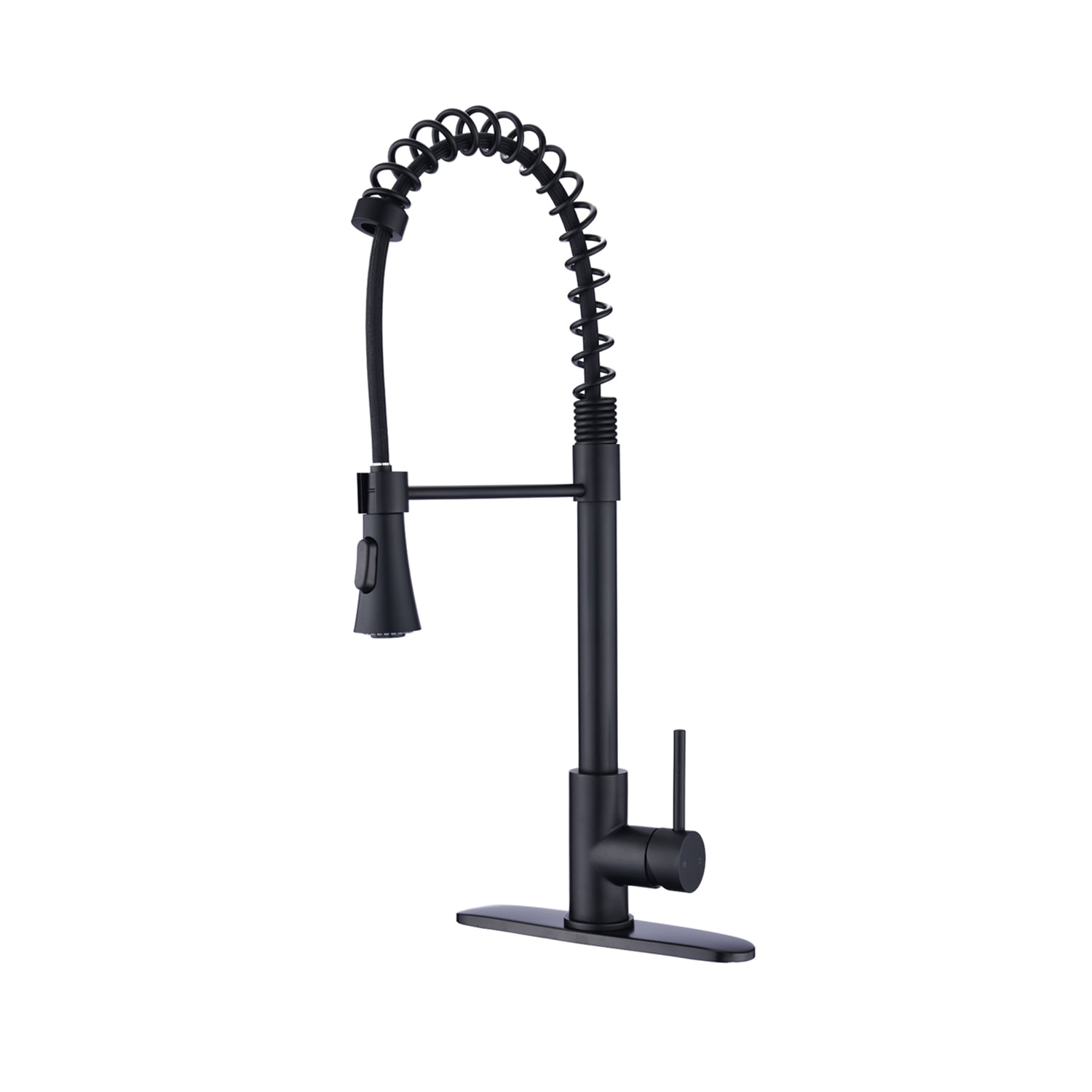Izzovium Commercial Modern Single Handle Spring High Arc Kitchen Faucet, 23.62" Height, 8" Spout Reach, 1.8GPM Flow Rate, Matte Black Stainless Steel, Pull Down Sprayer