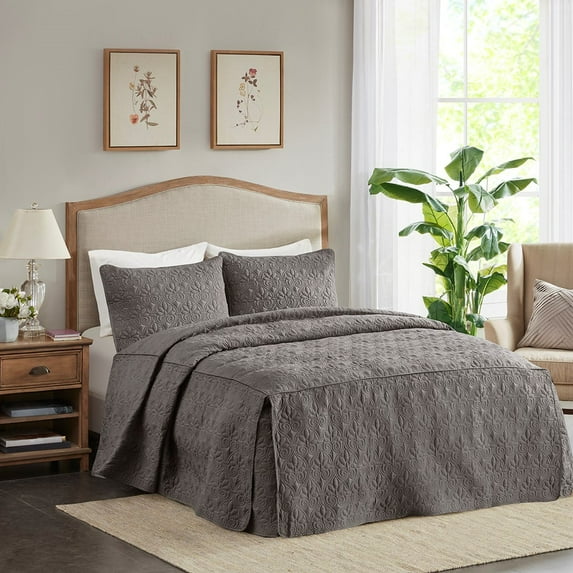 Izzovium Dark Grey Queen Bedspread Set, 3 Piece Quilted with Pleated Corners, 60x80 Inches, Microfiber Split Corner Design