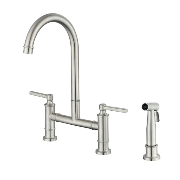 Izzovium Double Handle Bridge Kitchen Faucet with Side Spray, Brushed Nickel Stainless Steel, 15.7" Height, 7.8" Spout Reach, 1.8 GPM Flow Rate, Corrosion Resistant