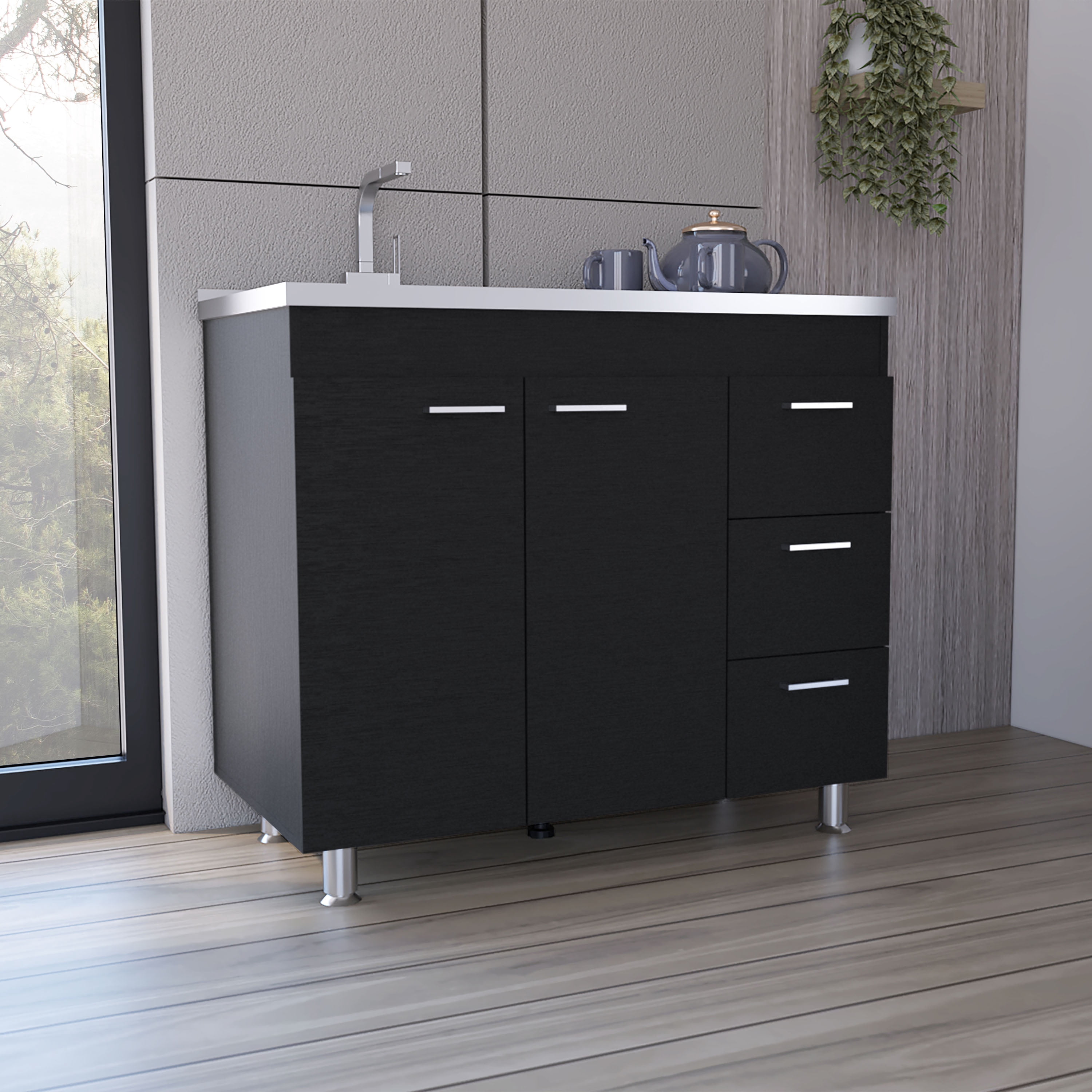Izzovium Ferretti Utility Sink with Three Drawers and Double Door Cabinet, 39.4in L x 20.4in W x 30.8in H, Black, Particle Board Construction for Laundry or Kitchen