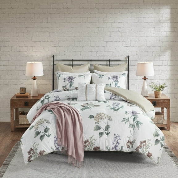 Izzovium Floral Seersucker 7-Piece Comforter Set King/Cal King, Includes Taupe/Blush Throw Blanket
