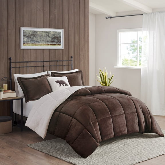 Izzovium Full/Queen Hypoallergenic Plush Sherpa Comforter Set, Brown Ivory, Machine Washable, OEKO-TEX Certified with Box Quilting