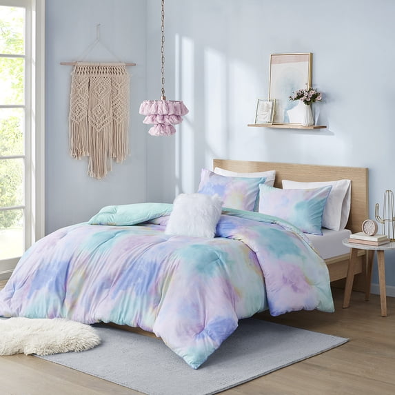 Izzovium Full/Queen Watercolor Comforter Set Aqua, with 2 Shams & Fur Pillow, OEKO-TEX, Antimicrobial, Hypoallergenic Polyester