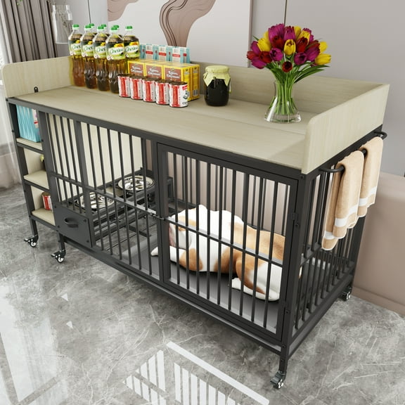 Izzovium Furniture Style Large Indoor Pet Cage with Storage Rack, Feeding Drawer and Wheels, Iron MDF Crate Beige Black