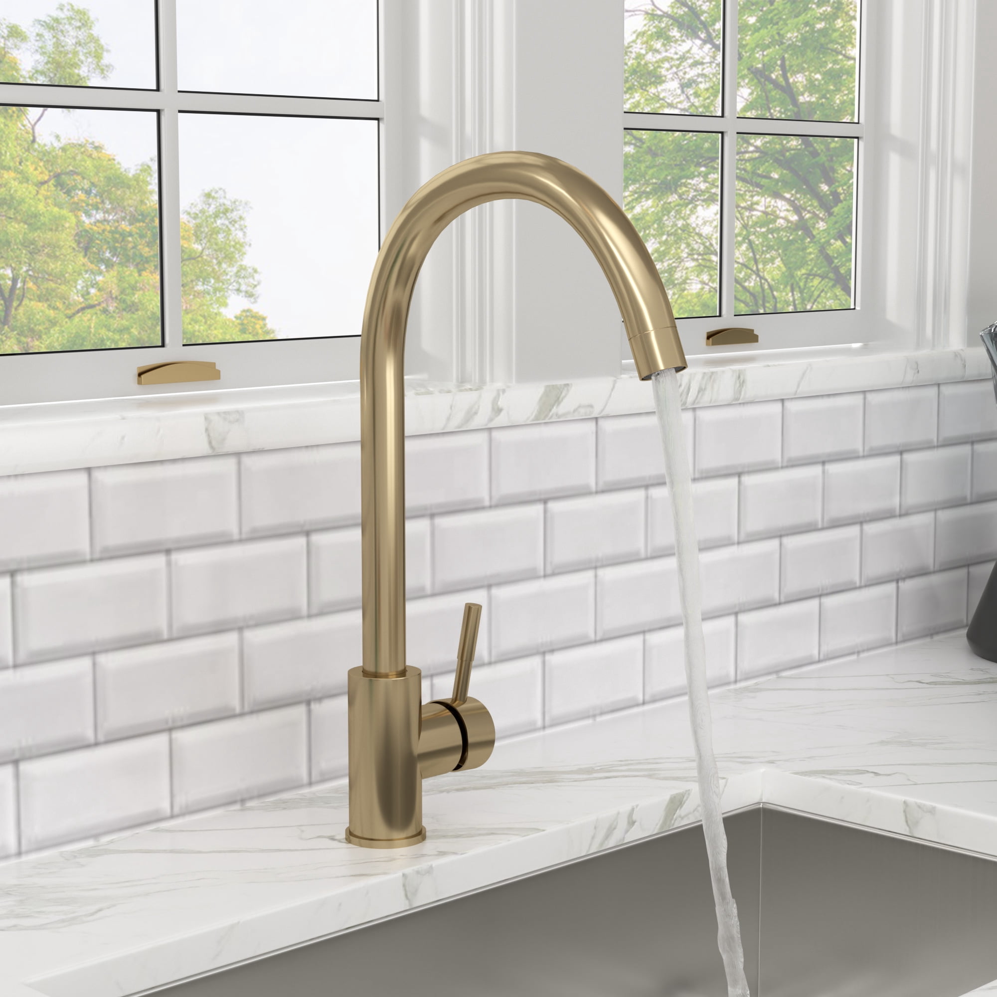 Izzovium Gold Kitchen Sink Faucet with Single Handle, 14.8" High Arc Spout, 360° Swivel, Stainless Steel Construction, Includes Water Supply Hoses