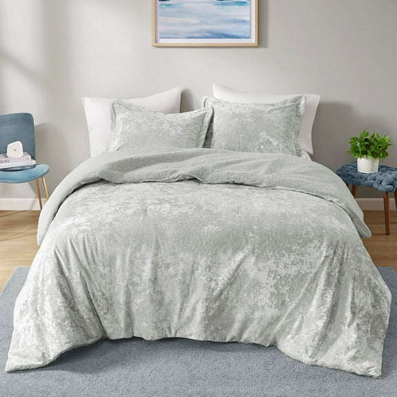 Izzovium Grey Crushed Velvet Sherpa Reversible Comforter Set, Twin/Twin XL, 1 Comforter & 1 Sham, Machine Washable, Hypoallergenic