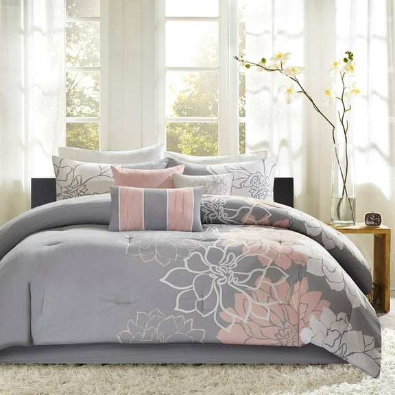 Izzovium Grey Peach Floral Printed Queen Comforter Set 7-Piece Cotton Sateen Bedding with Bed Skirt & Decorative Pillows