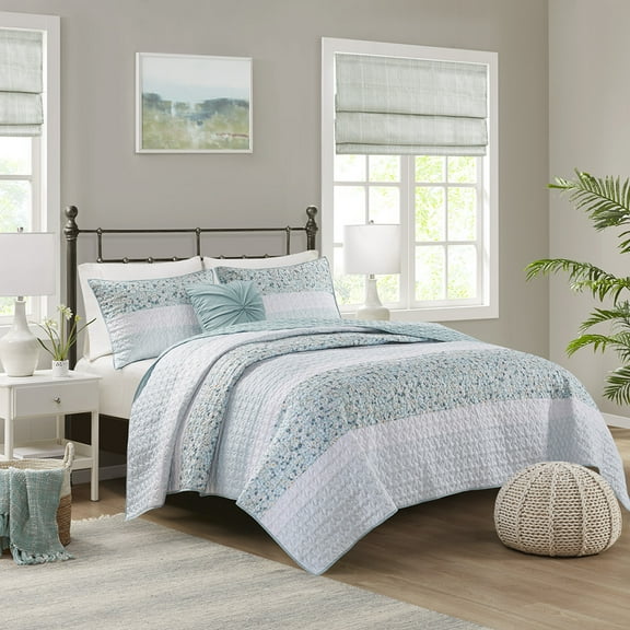 Izzovium King/Cal King 4 Piece Seersucker Quilt Set, Aqua Floral Farmhouse Style with Decorative Pillow, Hypoallergenic