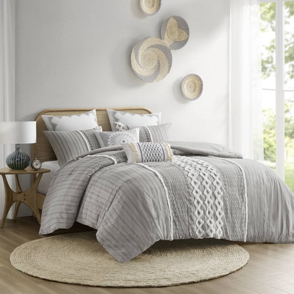 Izzovium King/Cal King Comforter Set - Gray Cotton Chenille Printed Bedding, 2 Shams, Machine Washable