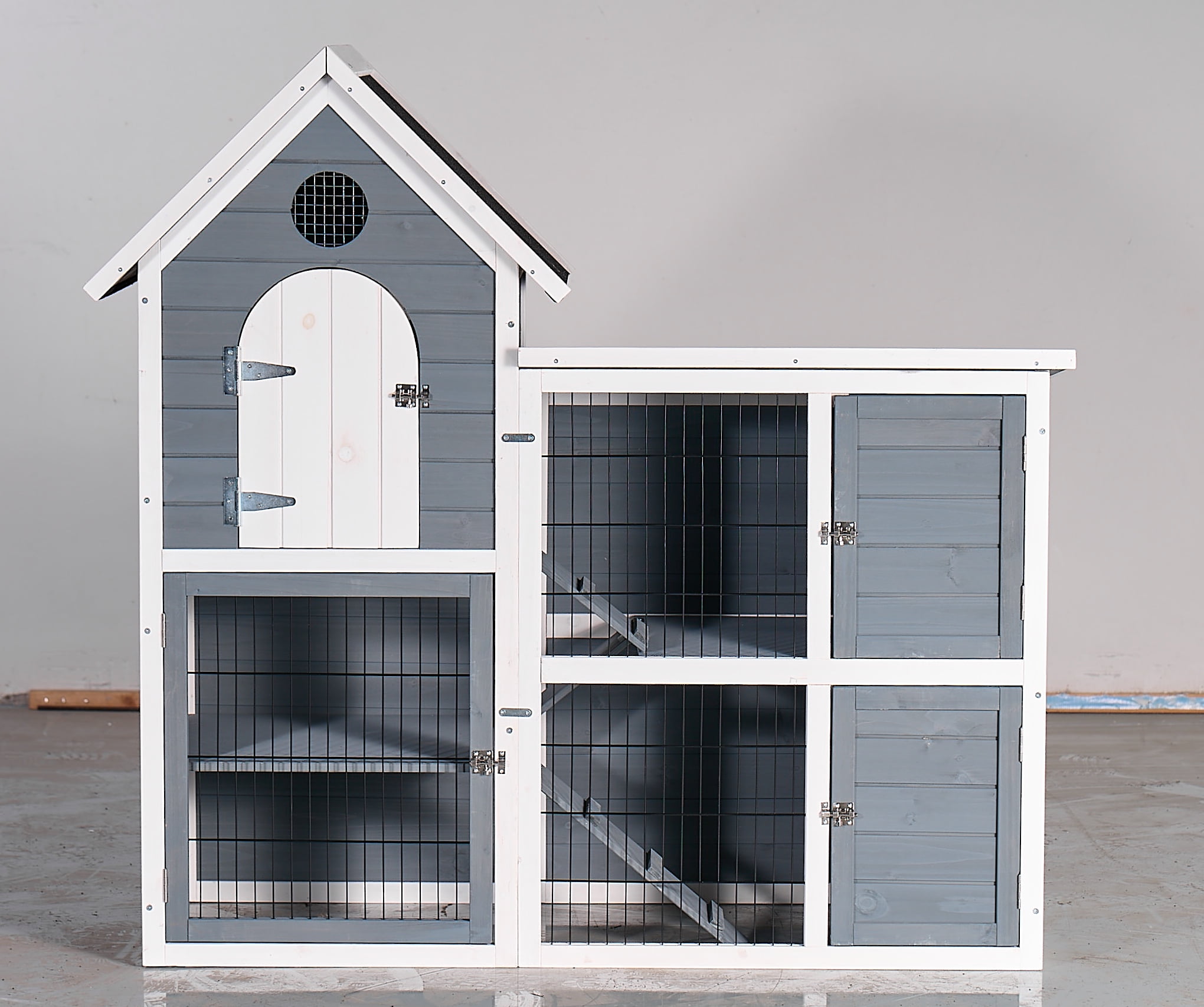 Izzovium Large Wooden Chicken Coop Cage with Pull-Out Tray, 2-Story Rabbit Hutch Waterproof Roof for Outdoor Use, 51x48 Inch, Grey & White