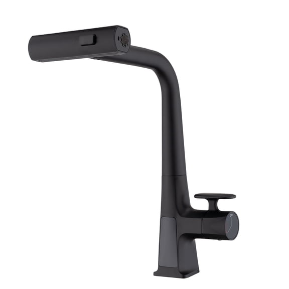 Izzovium Matte Black Kitchen Faucet with Temperature Display, 15.75" Pull Down Sprayer, 3.8L/min Waterfall Flow, 3 Modes (Stream/Spray/Rain), Single Handle for Modern Sink