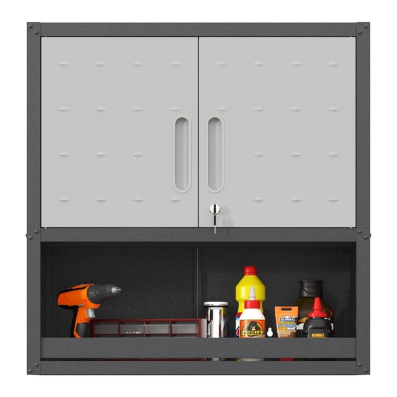 Izzovium Metal Wall-Mounted Tool Storage Cabinet with Locking Door, 1 Shelf & 1 Open Drawer, 29.5"W x 30.3"H x 11.8"D, Black & Gray for Garage, Warehouse & Office