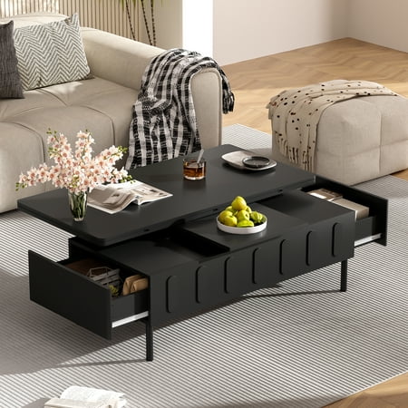 Izzovium Modern Lift-Top Coffee Table 43.3", Multifunctional Folding Table with Hidden Storage and 2 Drawers