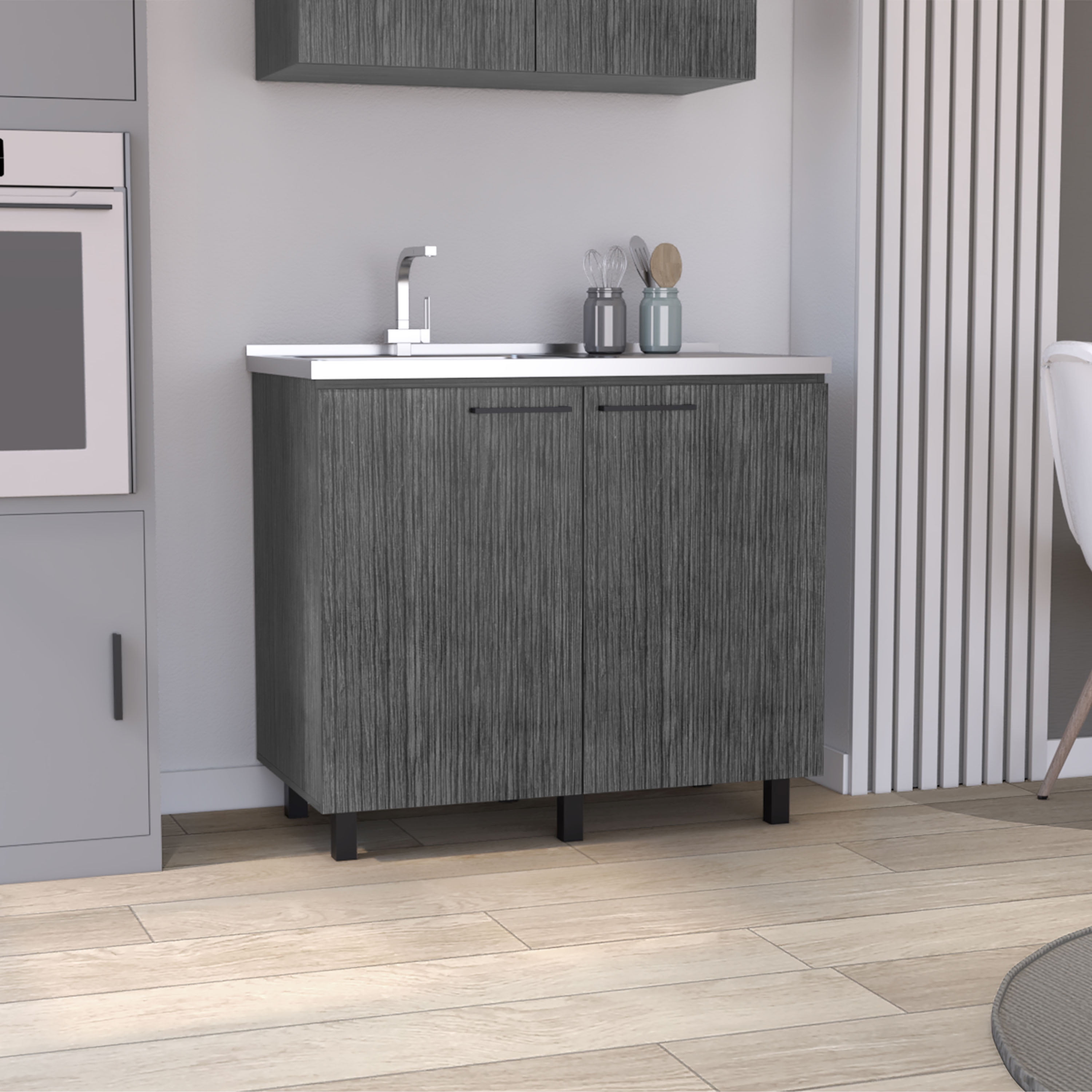 Izzovium Napoles 2 Utility Sink with Cabinet, 39.4x20.4x30.8in, Stainless Steel Countertop & Smokey Oak Shelf, Smoke Grey for Kitchen/Laundry