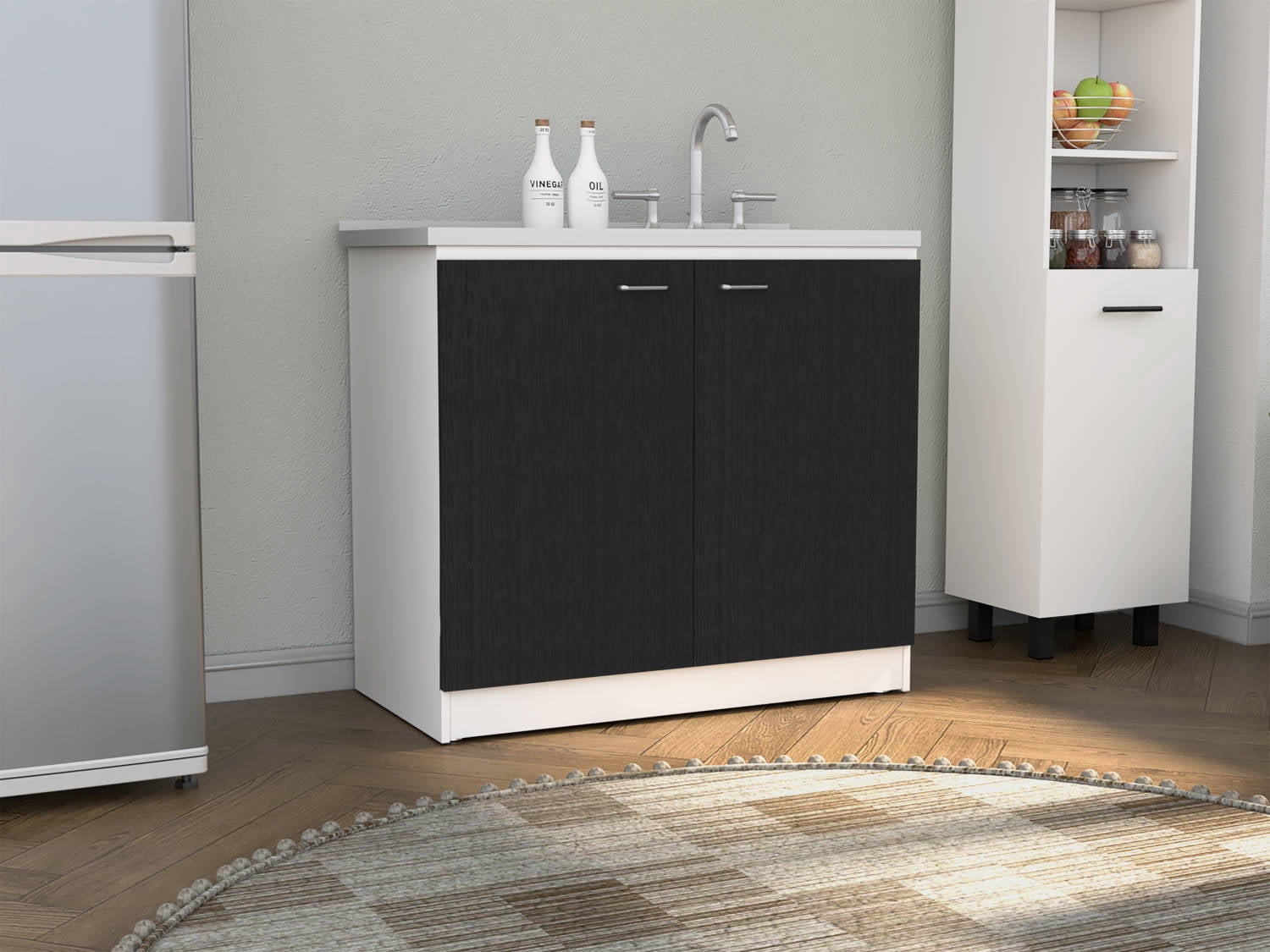 Izzovium Napoles Utility Sink With Cabinet, Double Door, One Shelf - White/Black, 39.3x20.5x35.4in, Stainless Steel Sink & Particle Board, Easy Assembly, Kitchen/Laundry Room