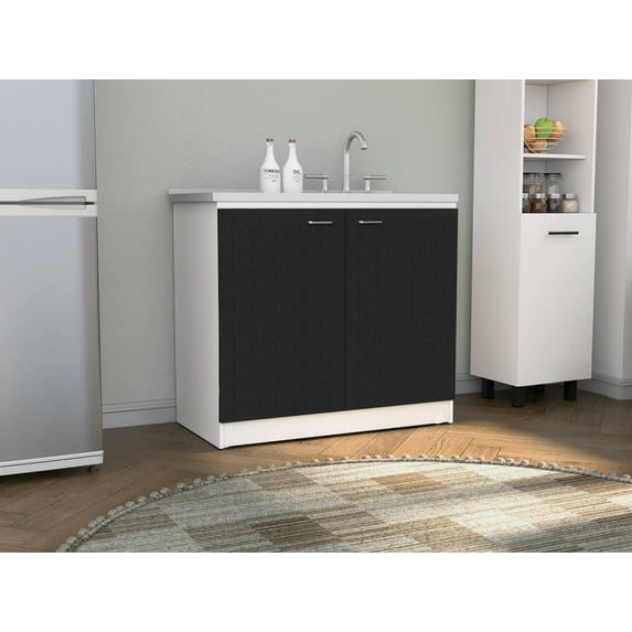 Izzovium Napoles Utility Sink With Cabinet, Double Door, One Shelf - White/Black, 39.3x20.5x35.4in, Stainless Steel Sink & Particle Board, Easy Assembly, Kitchen/Laundry Room