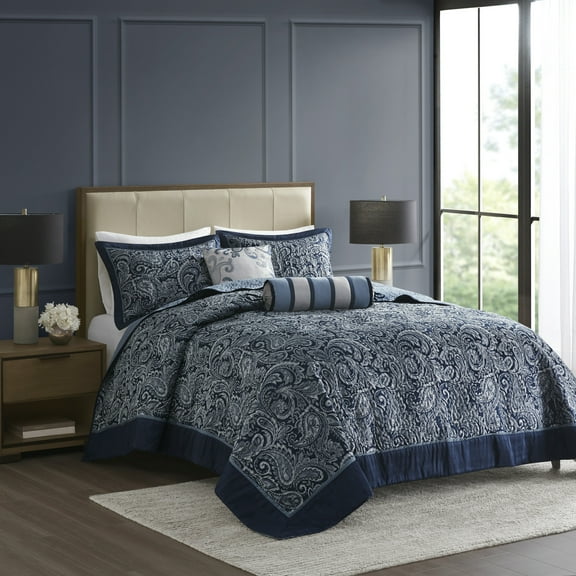 Izzovium Navy Queen 5-Piece Reversible Jacquard Bedspread Set, Quilted Cover with Standard Shams and Throw Pillows