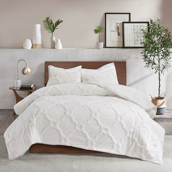 Izzovium Off-White King/Cal King 3-Piece Comforter Set, Geometric Tufted Cotton Chenille Bedding with Shams