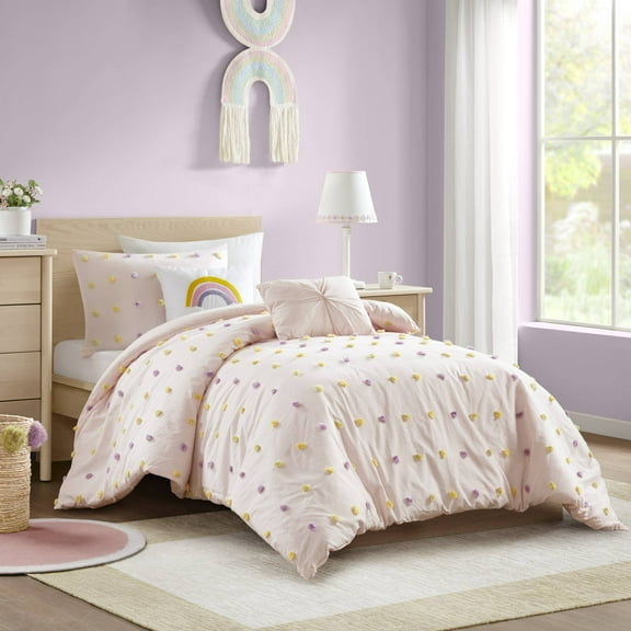 Izzovium Pink Cotton Jacquard Pom Pom Comforter Set 4PCS for Twin/Twin XL Beds, Includes Sham and Decor Pillows