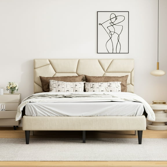 Izzovium Queen Bed Frame with Linen Headboard, Noise-Free Sturdy Design, Easy Assembly, Beige Finish