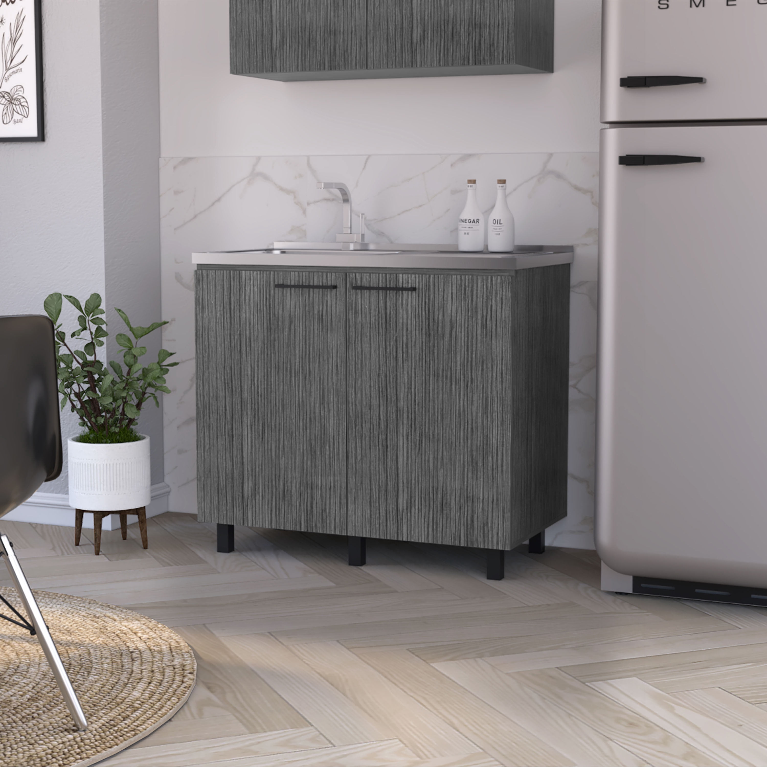 Izzovium FM FURNITURE Oklahoma 2 Utility Sink & Cabinet with Stainless Steel Countertop, Smokey Oak Finish, 20.67"L x 39.37"W x 35.04"H, Gray