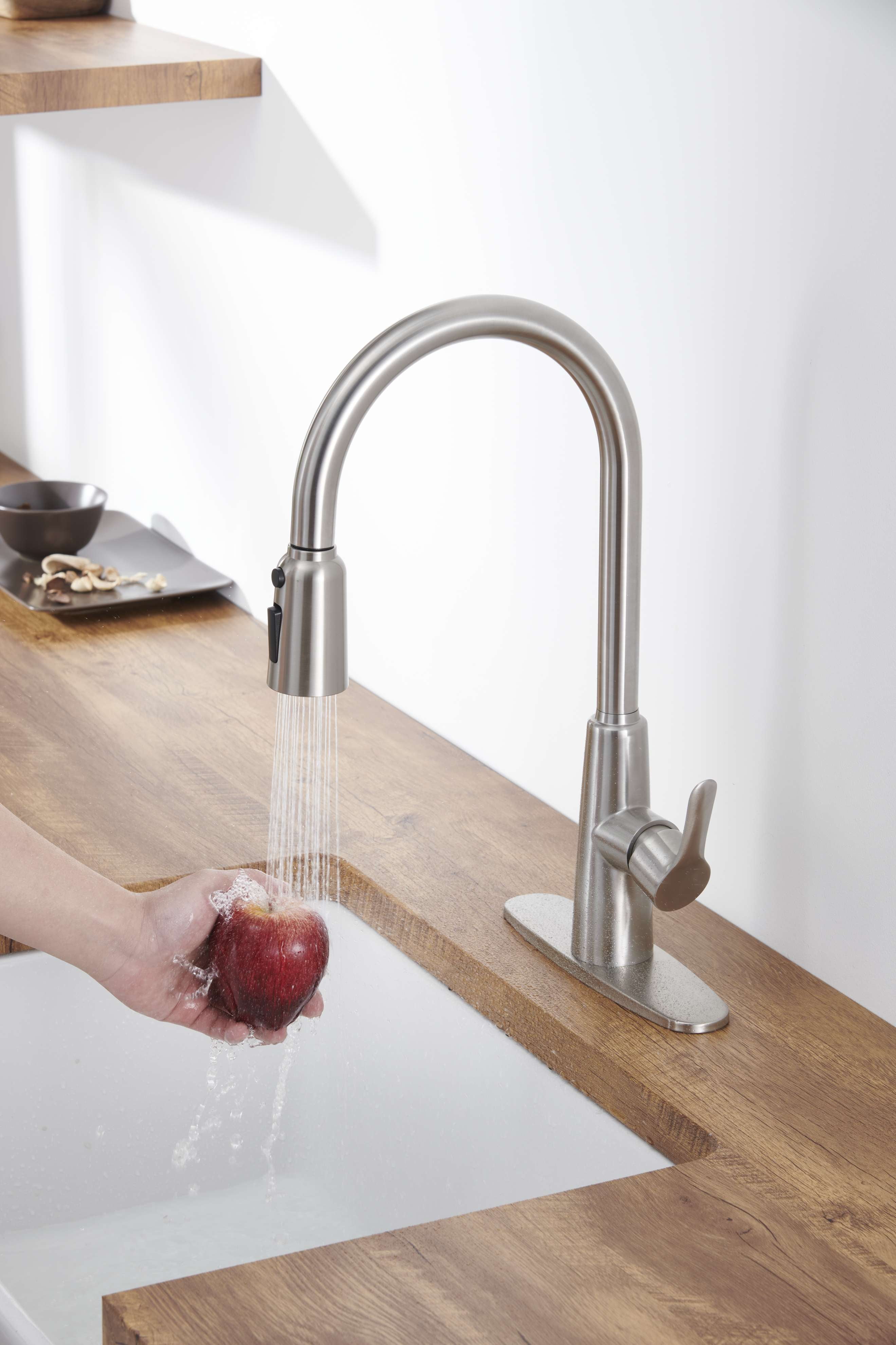 Izzovium Stainless Steel High Arc Kitchen Sink Faucet with Pull Out Sprayer, Brushed Nickel Finish, 3-Way Setting Single Handle, Deck Plate Included, Modern Design