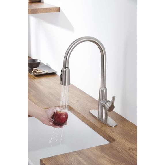 Izzovium Stainless Steel High Arc Kitchen Sink Faucet with Pull Out Sprayer, Brushed Nickel Finish, 3-Way Setting Single Handle, Deck Plate Included, Modern Design