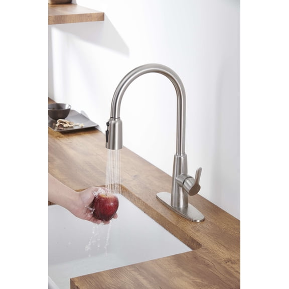 Izzovium Stainless Steel High Arc Kitchen Sink Faucet with Pull Out Sprayer, Brushed Nickel Finish, 3-Way Setting Single Handle, Deck Plate Included, Modern Design
