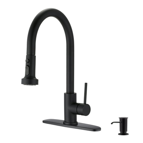 Izzovium Stainless Steel Pull Down Kitchen Faucet with Soap Dispenser, Matte Black, 16.14" Height, 7.28" Spout Reach, 1.8GPM Flow Rate, 360° Swivel Spout