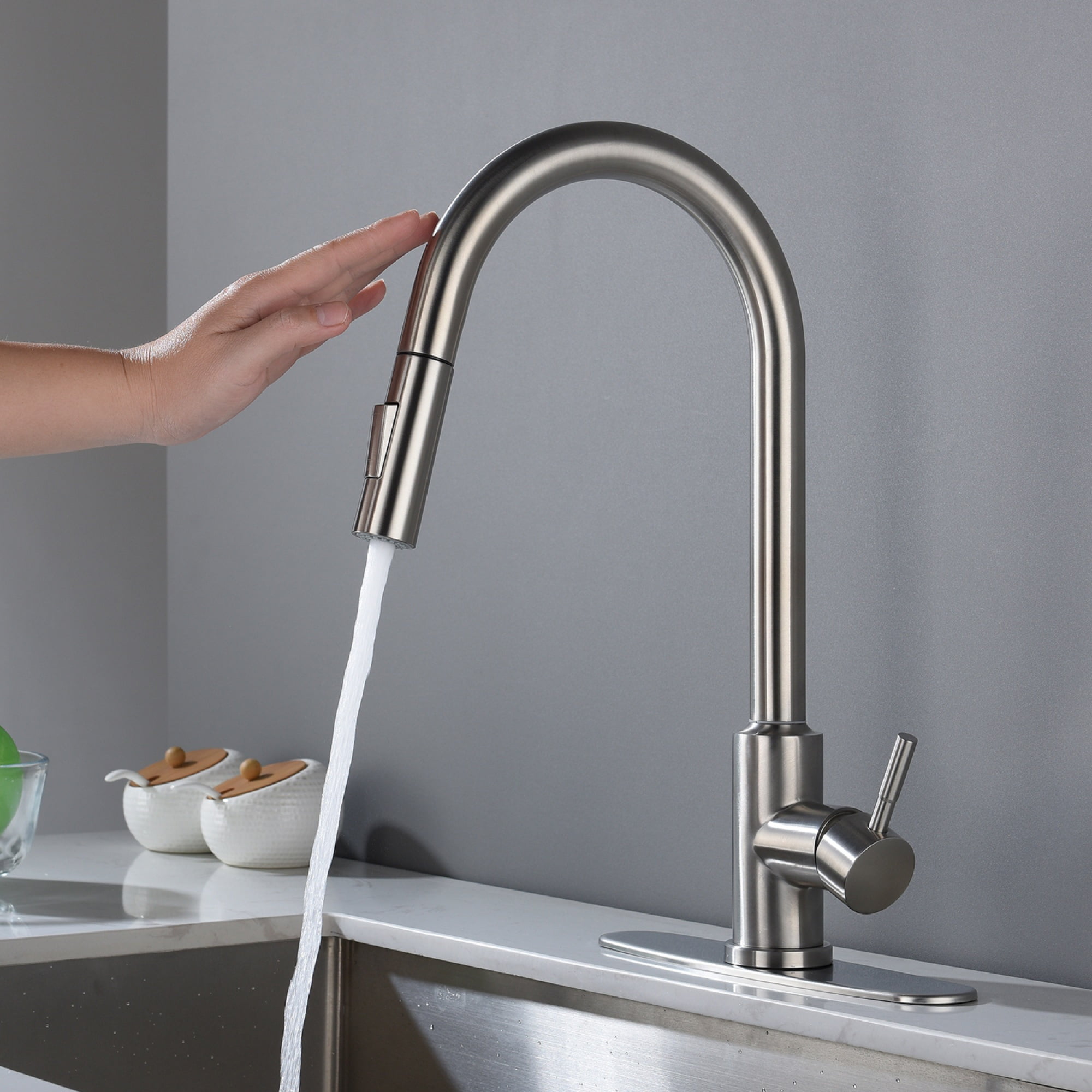 Izzovium Touch Kitchen Faucet with Pull Down Sprayer, Brushed Nickel Stainless Steel Single Lever High Arc 360° Rotating Faucet, Touch Control for Hands-Free Operation