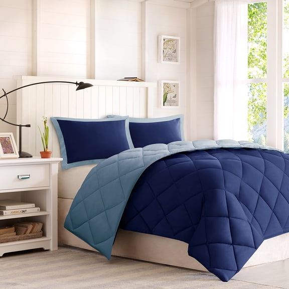 Izzovium Twin/Twin XL Hypoallergenic Comforter Set, 3M Scotchgard, Reversible, Navy/Light Blue