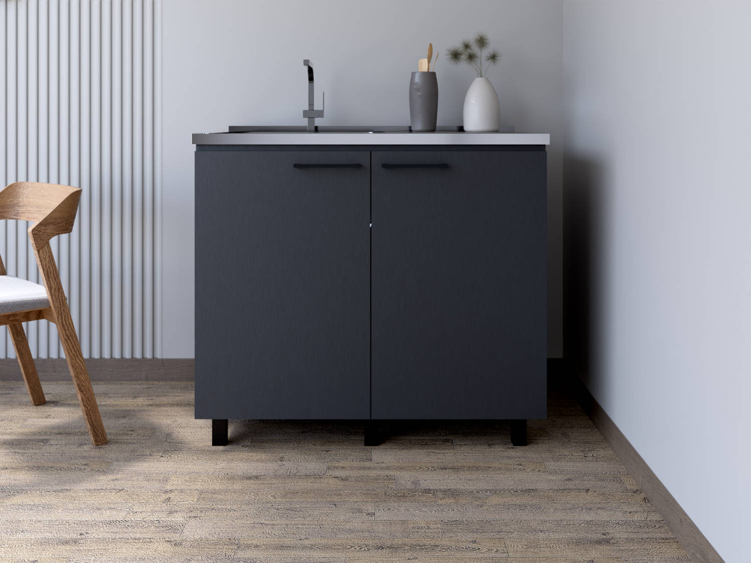 Izzovium Utility Sink Cabinet Burwood, 20.67x39.37x35.04 Inches, Kitchen Sink Storage with 2 Doors & 2 Shelves, Particle Board, Black
