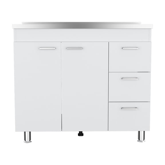 Izzovium Utility Sink Kisco Kitchen Cabinet with Two-Door & Three Drawers, 20.67"L x 39.37"W x 35.43"H, White Particle Board, Easy Assembly, Faucet Hole Included
