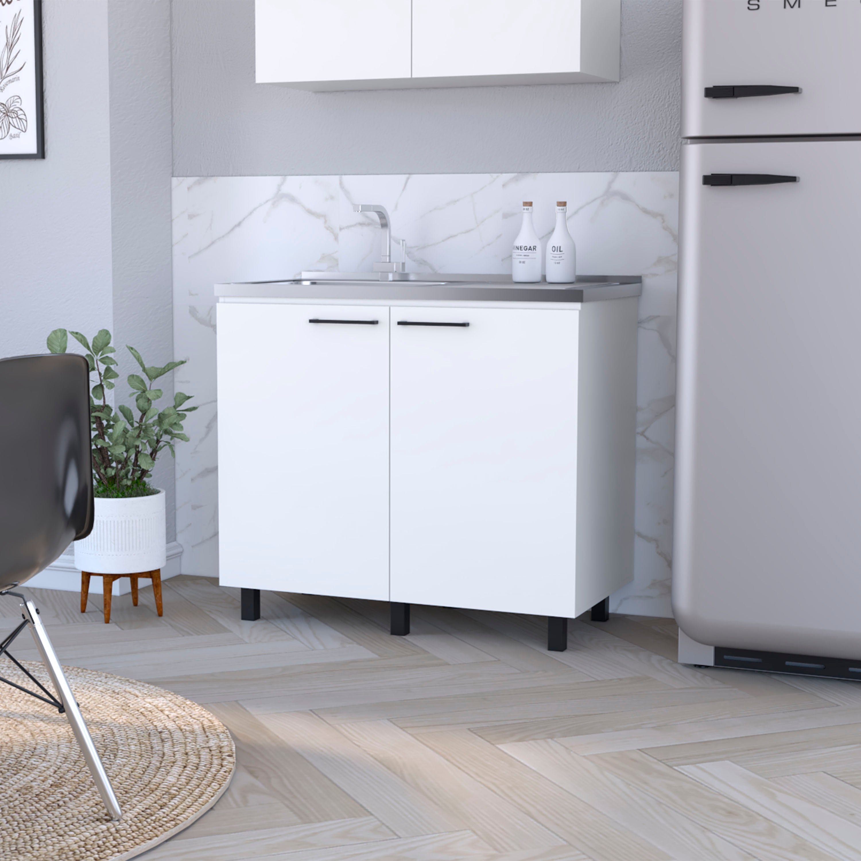 Izzovium White 2 Utility Sink and Cabinet with Aluminum Countertop, 35" H x 40" W x 20.6" D, Heavy-Duty Storage for Kitchen, Elegant White Finish