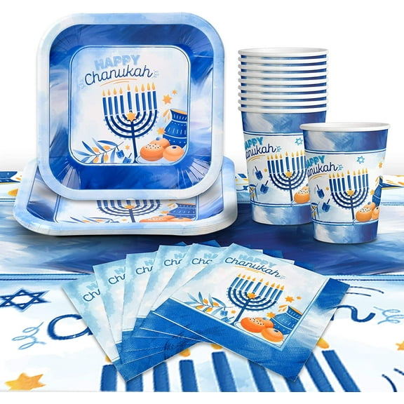 Izzy N' Dizzy 8 Person - Hanukkah Party Supplies, Holiday Chanukah Disposable Dinnerware Set with: 9" Paper Plates, 7" Cocktail Plates, Napkins, Tablecloth, and Cups - Blue