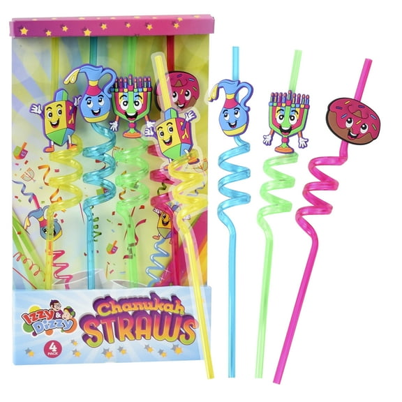 Izzy N Dizzy Hanukkah Straws - Hanukkah Paper Goods - Dreidel Shaped - 4 Pack
