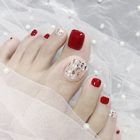J-100 Phototherapy Red Silver Broken Toenails False Nails Wear Nail Art Stickers Finished Nail Pieces 24 Pieces Wholesale
