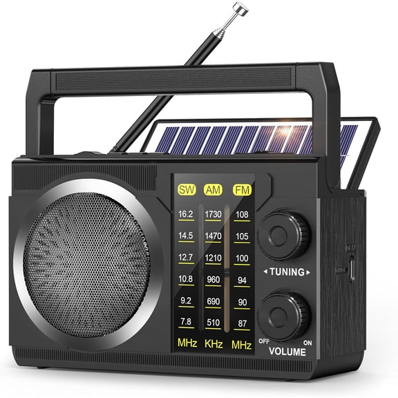 J-135 AM FM Radio Portable Bluetooth, Solar/AA Battery Operated/USB-C Rechargeable for Emergency, Transistor Radios with Flashlight,Support TF Card/USB Playing, Large Knob Easy to Use