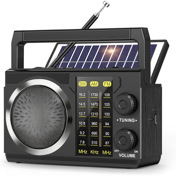 J-135 AM FM Radio Portable Bluetooth, Solar/AA Battery Operated/USB-C Rechargeable for Emergency, Transistor Radios with Flashlight,Support TF Card/USB Playing, Large Knob Easy to Use